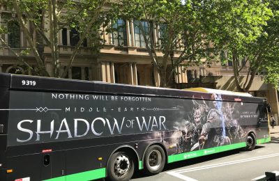 promotional event for the shadow of war on the bus